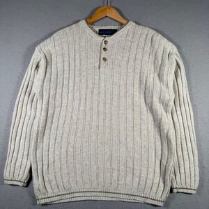 Vintage Pazzo Mens Henley Sweater Medium Oatmeal Beige Ribbed Ramie Cotton‎